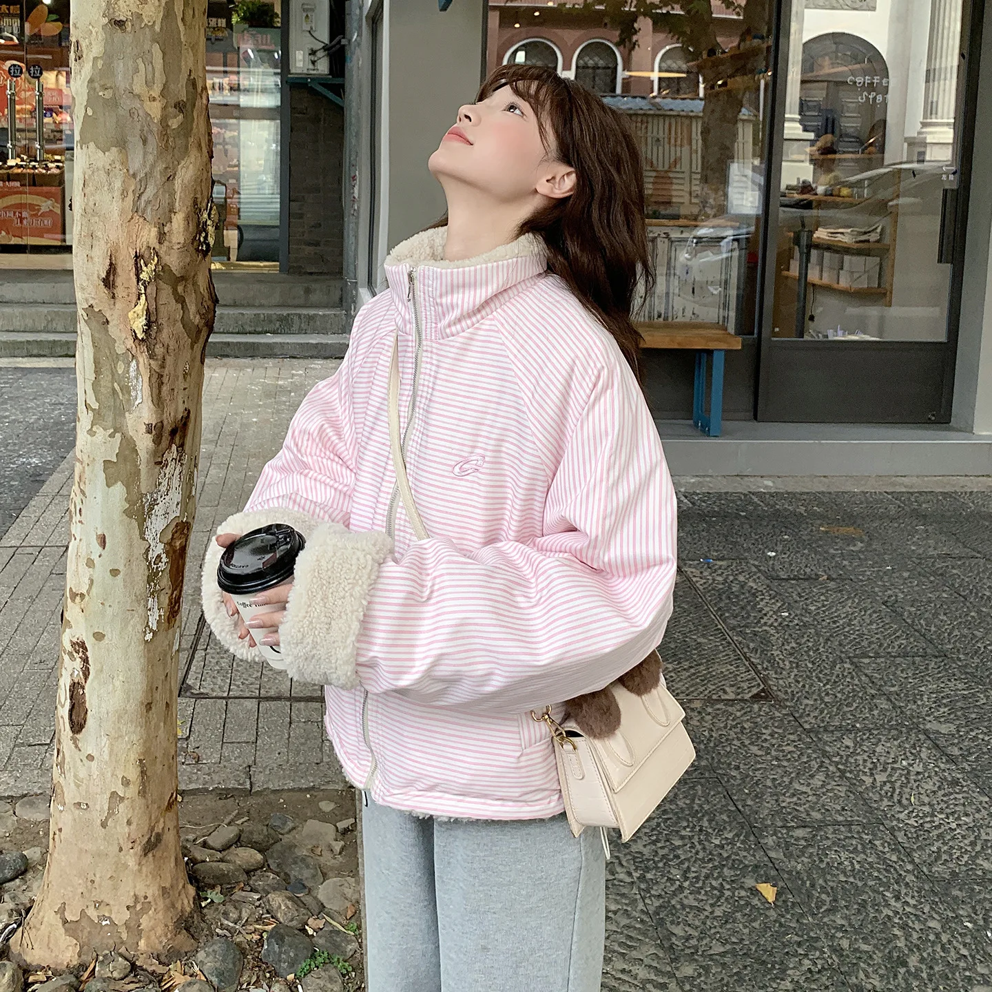 

Loose Women's Outerwear Winter New Style Fresh American Retro Striped Double-Sided Wear Lamb Velvet Cotton Jacket Thickened