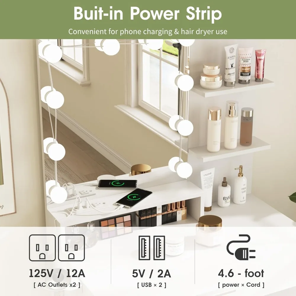 Makeup Vanity Table with Lighted Mirror & Power Strip, White Vanity Set, Lots Storage, 3 Lighting Modes, Brightness Adjustable