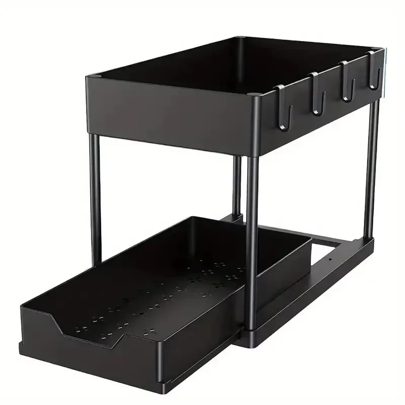 

2-layer sliding bathroom storage rack with hook cup hanging