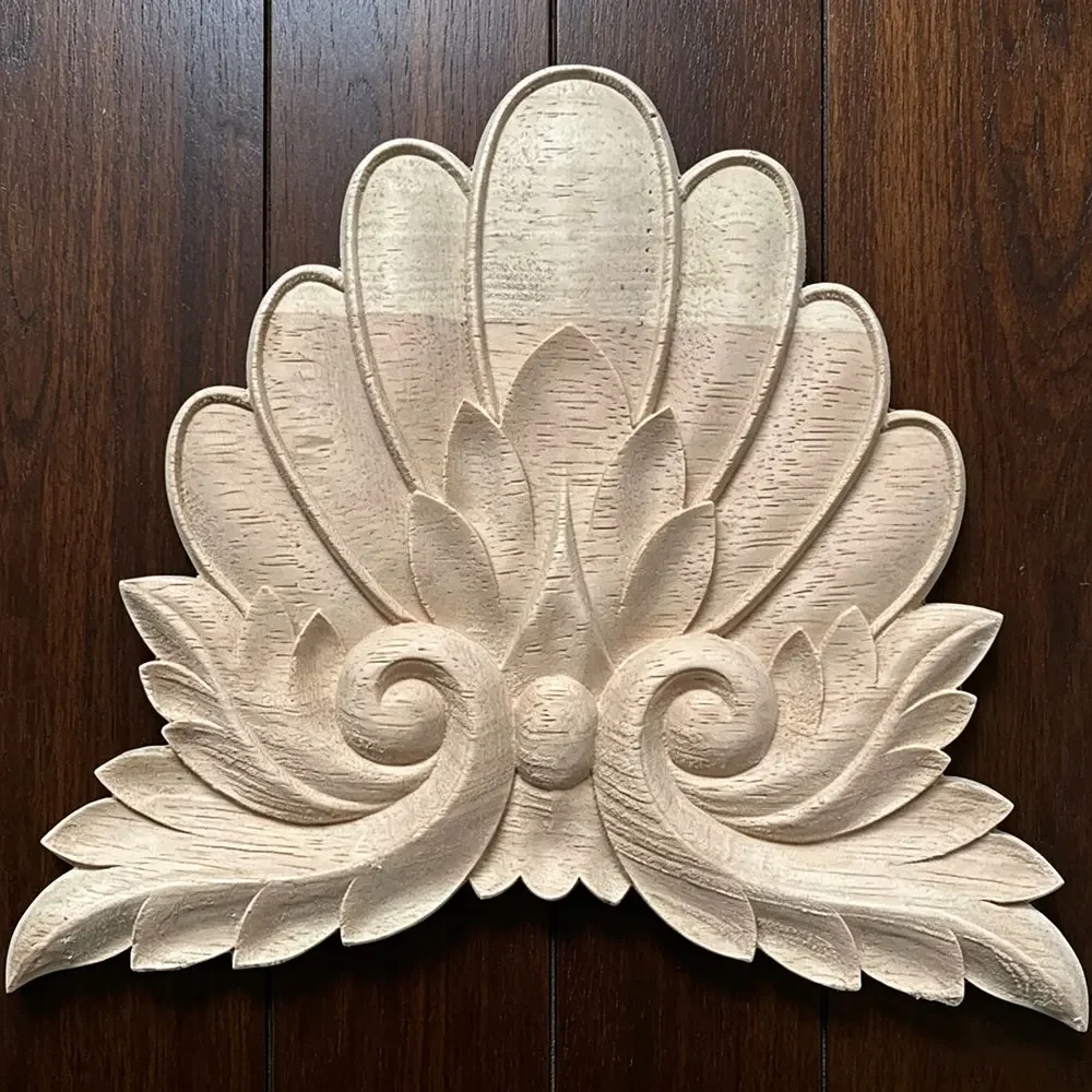 1PC 20cm Wood Applique Round Flower Exquisite Carving Natural Wooden Appliques Corner Appliques Frame Wall Furniture Decoration