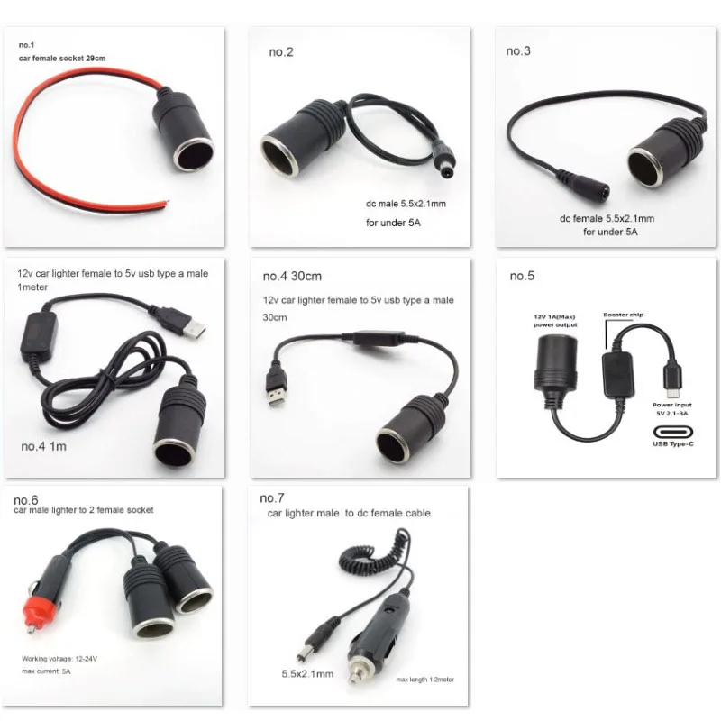 

12v DC dual car Cigarette Lighter male female to DC 5.5x2.1 USB type c male female 5v connector Lighter socket charger adapter q