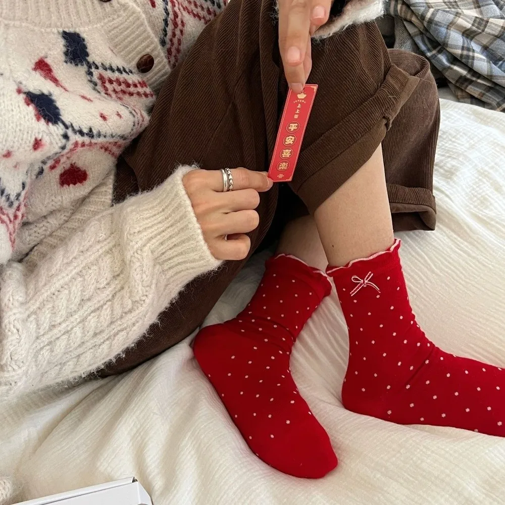 

Bow Combed Cotton Red Socks Soft Breathable Heart Polka Dot Socks Comfortable Sweet Flower Socks Spring Festival