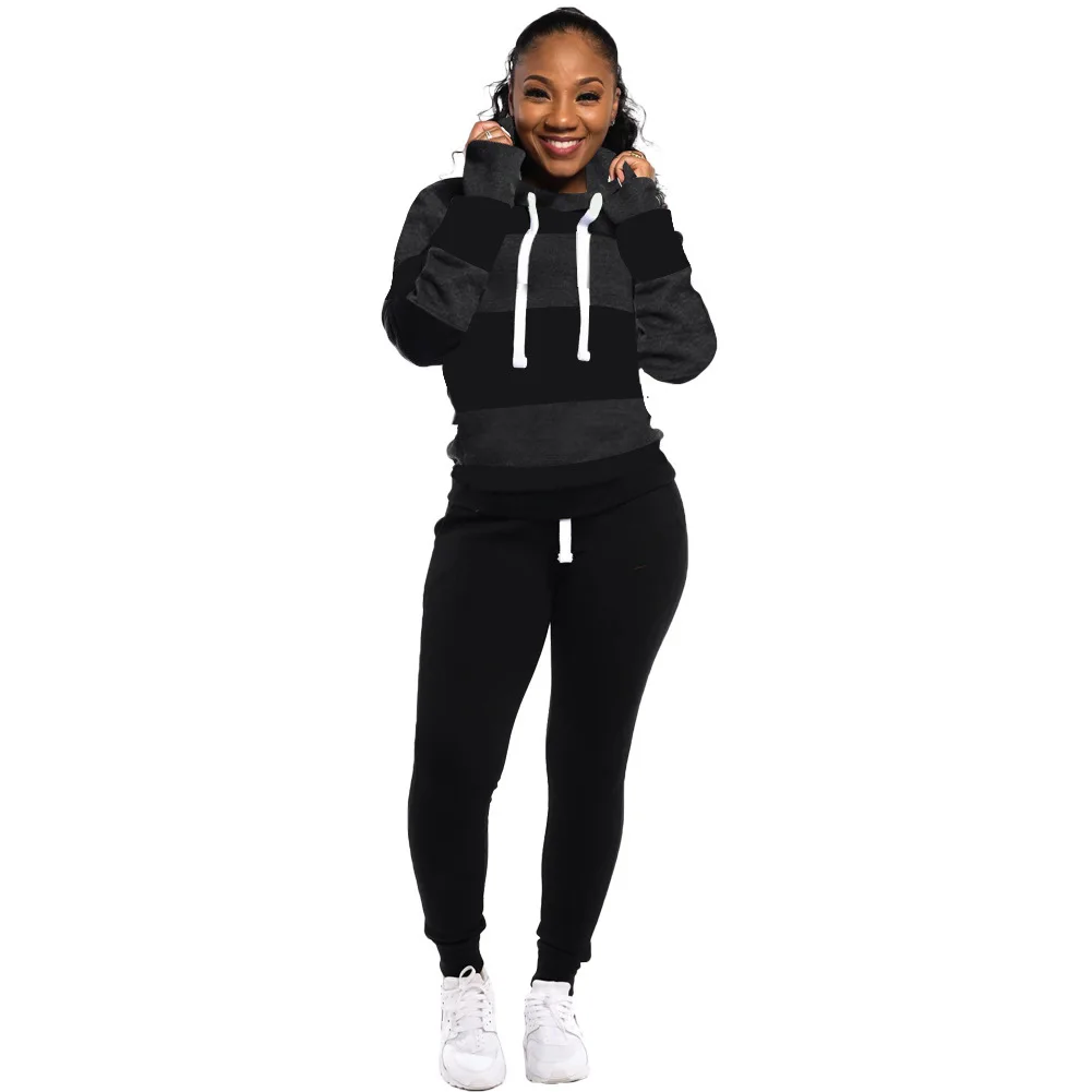 spring women outfit sport suit loose stripe hoodie sweatshirt+pant running jogger fitness casual workout exercise set tracksuit