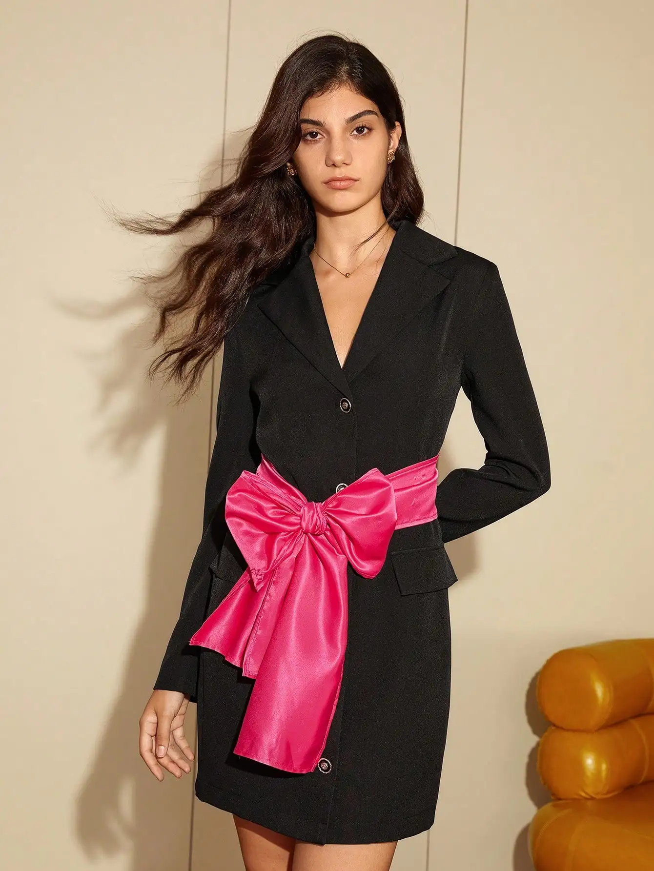 AEL Lady Black suit dress Big pink bow decorated dress Annual Party dress temperament light luxury small dress