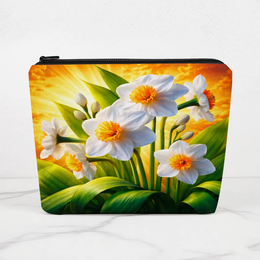 Sunlit Daffodils With Green Leaves Makeup Bags for Girls Cosmetic Pouch Toiletry Bag Pencil Case Travel Storage