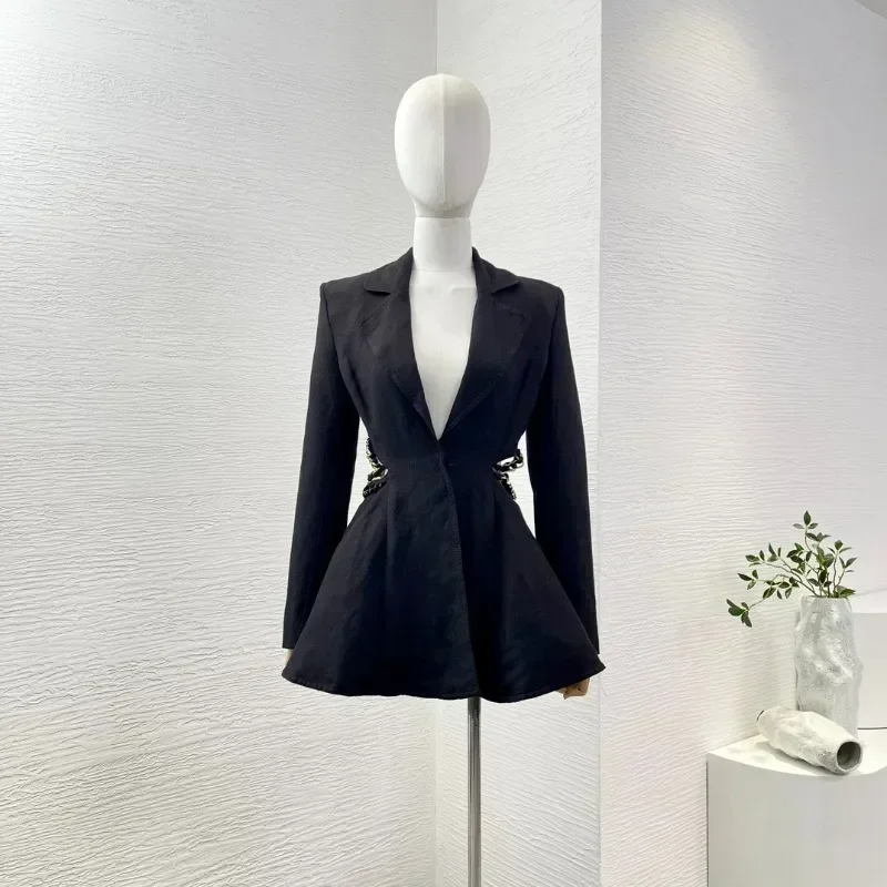

Black Tailored Collar Office Lady New Fashion Women 2024 Arrivals Sexy Long Sleeve Cut Out Waist Blazer