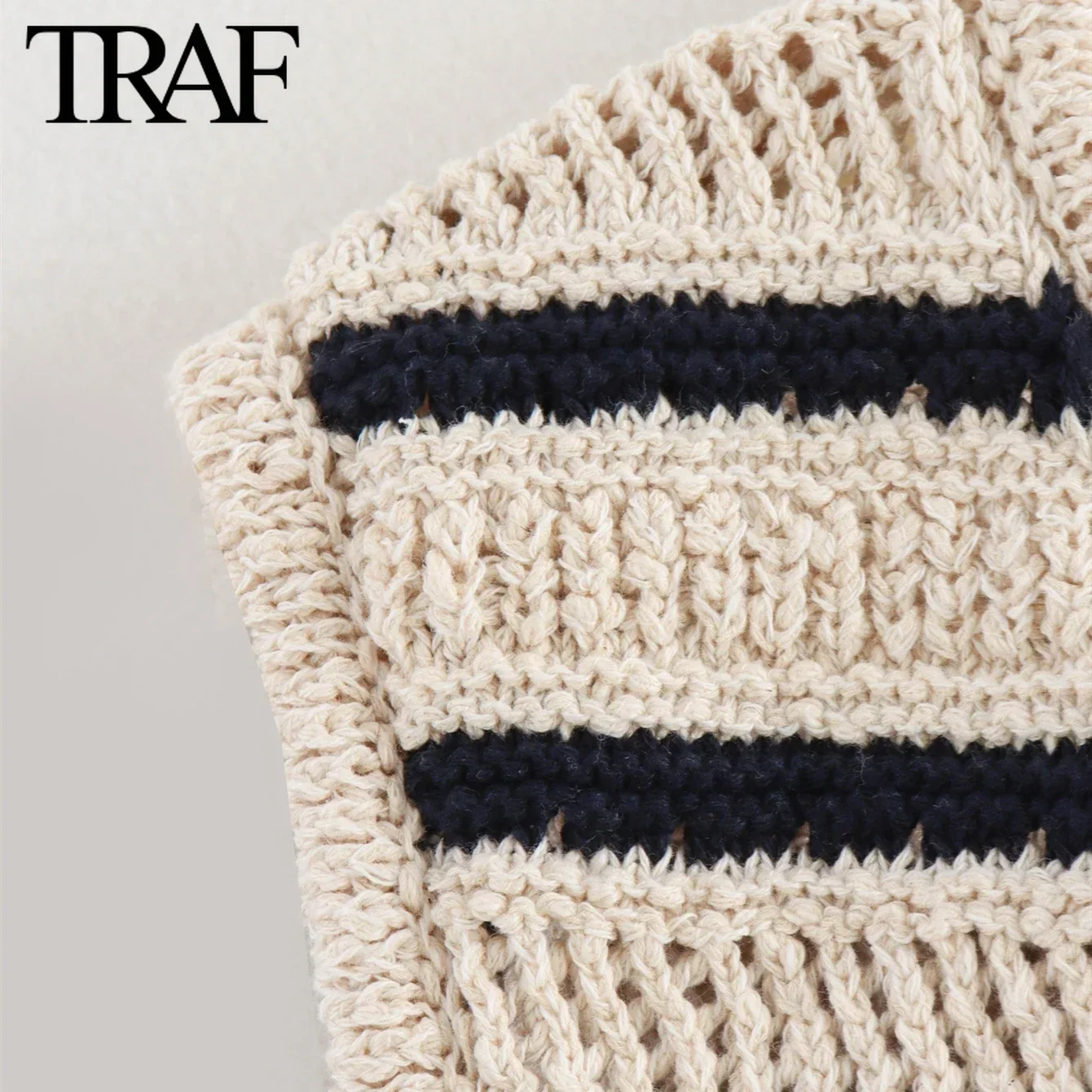 TRAF Women Fashion Summer New Striped Sleeveless Single Breasted V-neck Cardigan Knitted Sweater Vest Sweet Chic Ladies Tops