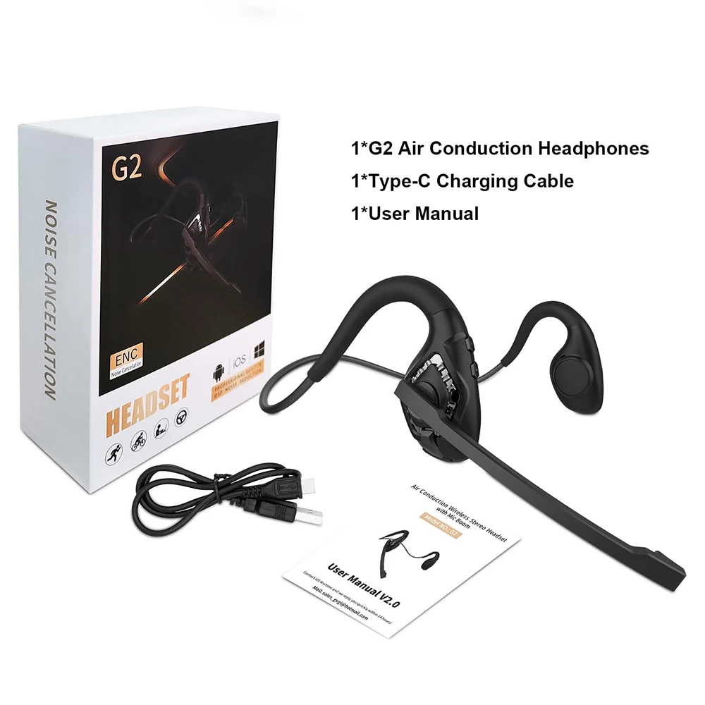 Bluetooth Headsets With Noise Canselling Boom Microphone Open Ear HD Call for Office Truckers Sports 10 Hours Battery Type-C