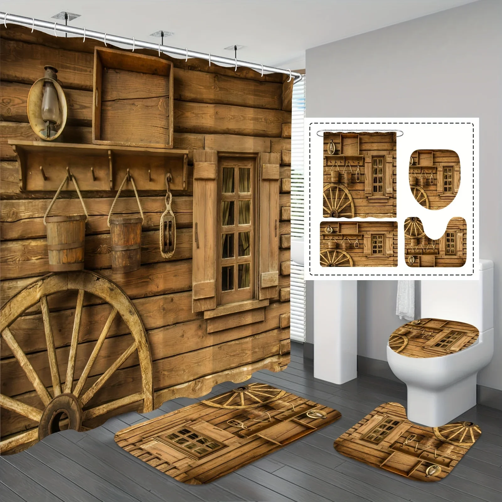 

4PCS Cozy Rustic Wooden Cabin in Forest Bathroom Set - Waterproof Shower Curtain, Toilet Lid Cover, Bath Mat, and Contour Mat