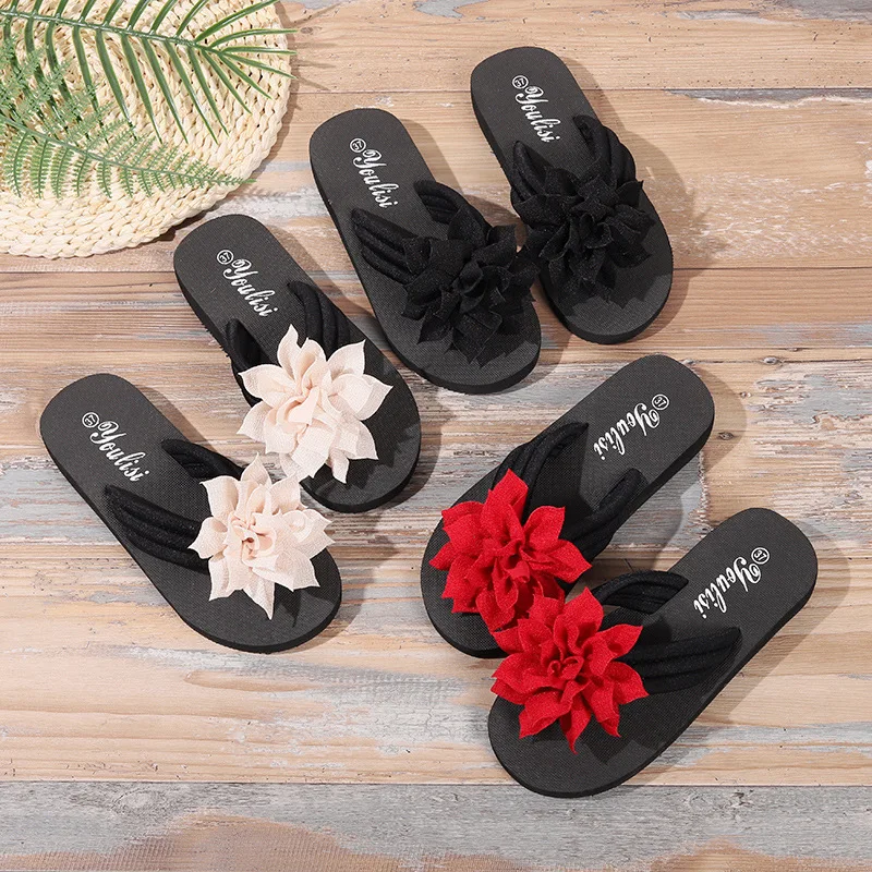 Women Floral Mid Heel Flip Flops Wide Fit Slip on Sandals Fabric Upper EVA Sole All Season Vacation Slides