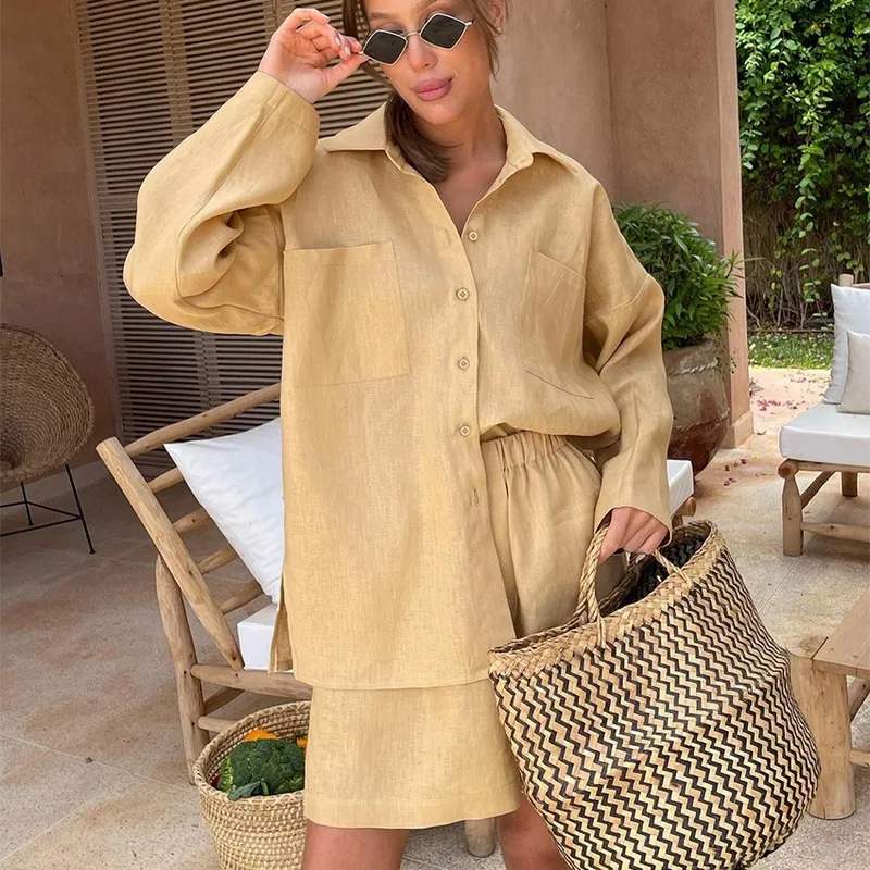 Fashion Casual Cotton And Linen Suit Women\'s Shirt Long-sleeved Suit Solid Color Loose Shirt Stretch Shorts Two-piece Set