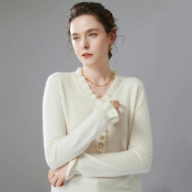 Maglione di cashmere di alta qualità da donna Pullover con scollo a V pieghettato Maglione di cashmere autunno inverno lavorato a maglia moda slim fit