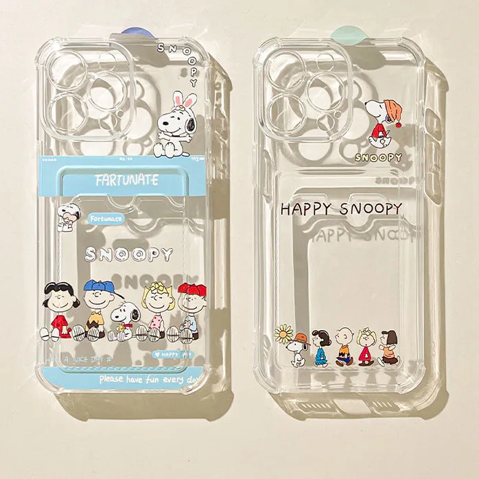 

Cute Snoopy Brown Happy Family Wallet Card Soft silicone Phone case For iPhone 11 12 13 14 15 16 Pro Max Plus Clear TPU Cover