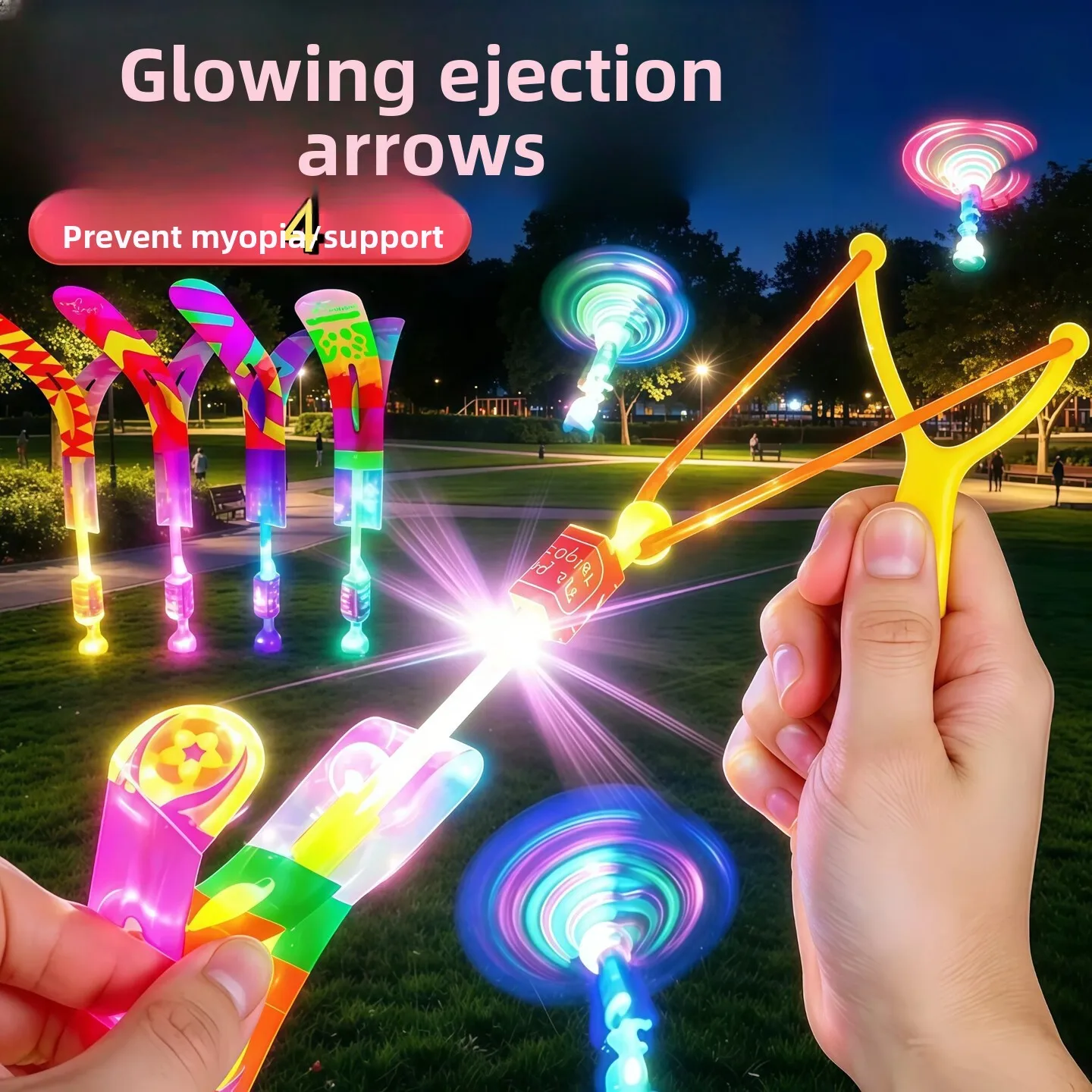 Light-Up Flying Arrow Toys, 4-Pack Large Flashing Spinners with Slingshot Launch for Kids Outdoor Games and Active Playtime