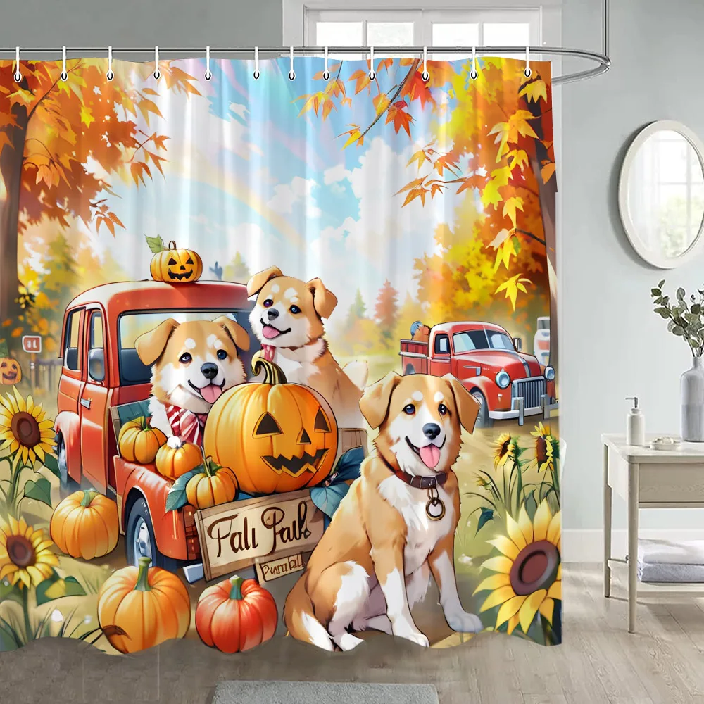 

Autumn Cute Dogs Shower Curtains Pumpkin Maple Trees Farm Truck Animals Sunflower Rustic Bath Curtain Polyester Bathroom Decor