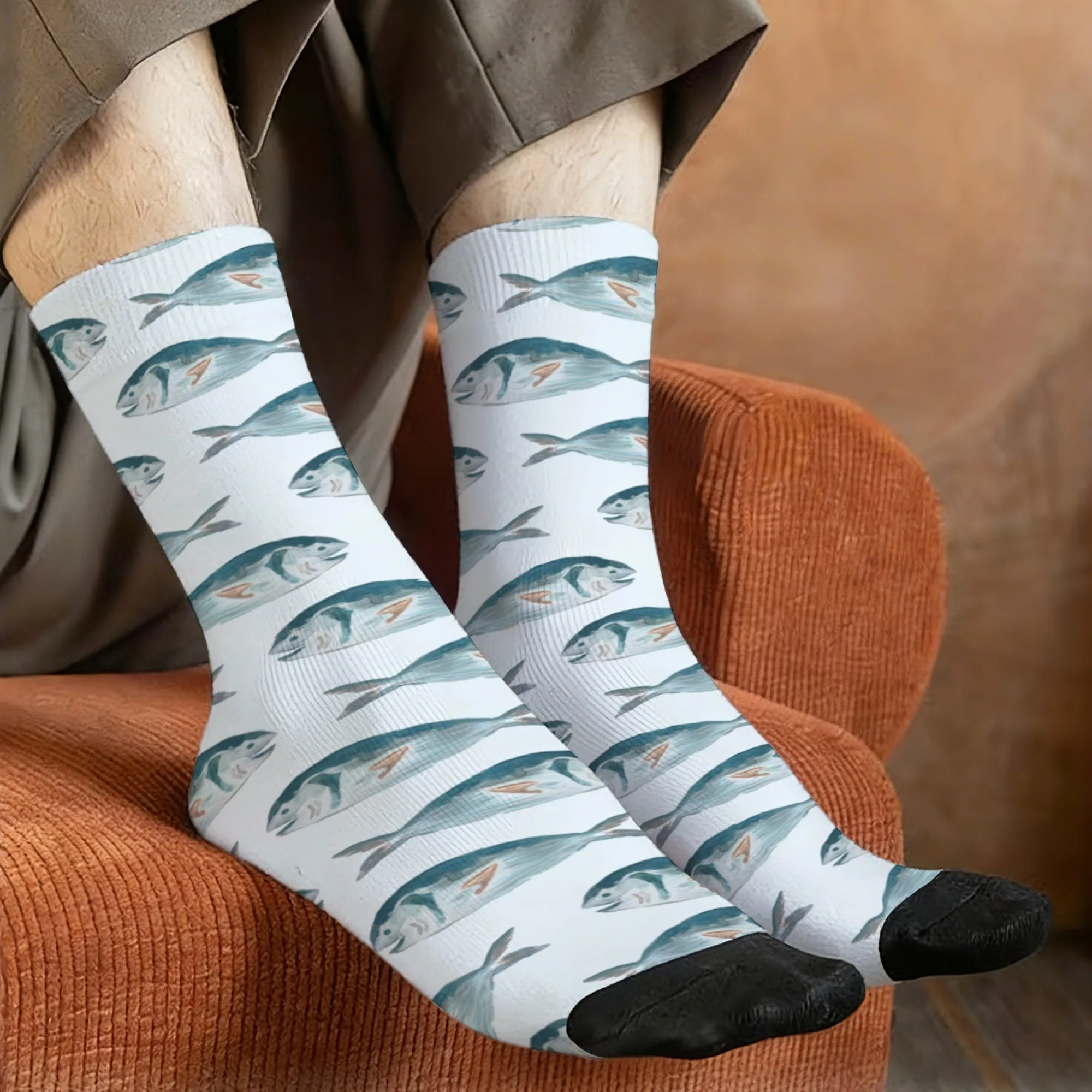 Fun ocean-themed watercolor fish print men's socks, comfortable, breathable, non-slip casual socks, perfect for crazy parties.