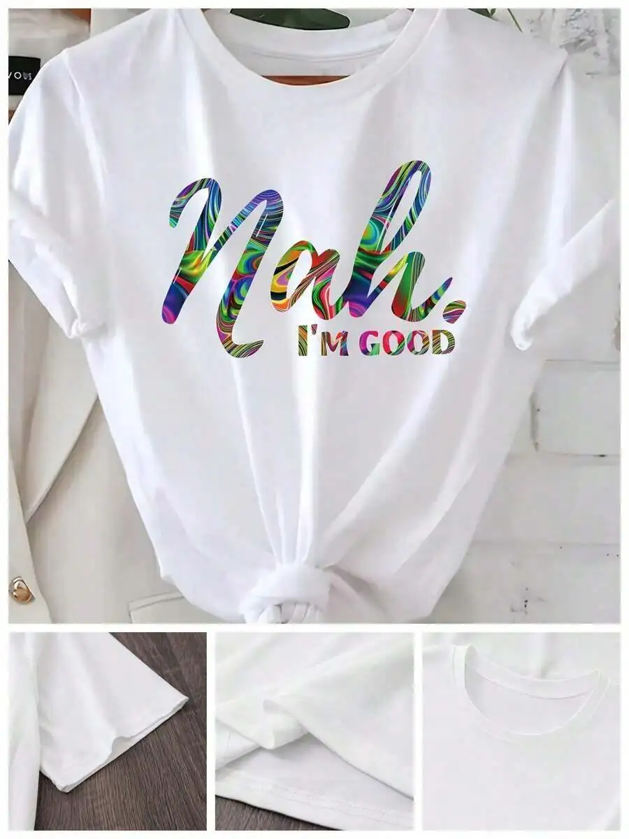 

Colorful Gradient Letter Print T-Shirt For Women Casual Round Neck Short Sleeve Machine Washable