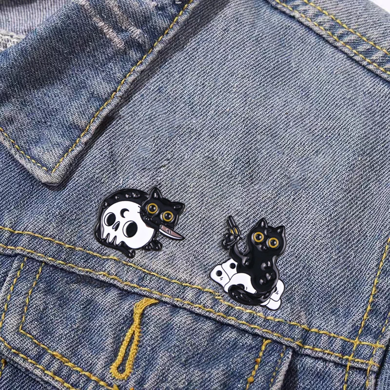 Black Cat And Skull Head Collection Enamel Pins Kitty With Knife Gun Magic Hat Brooches Halloween Day Gift