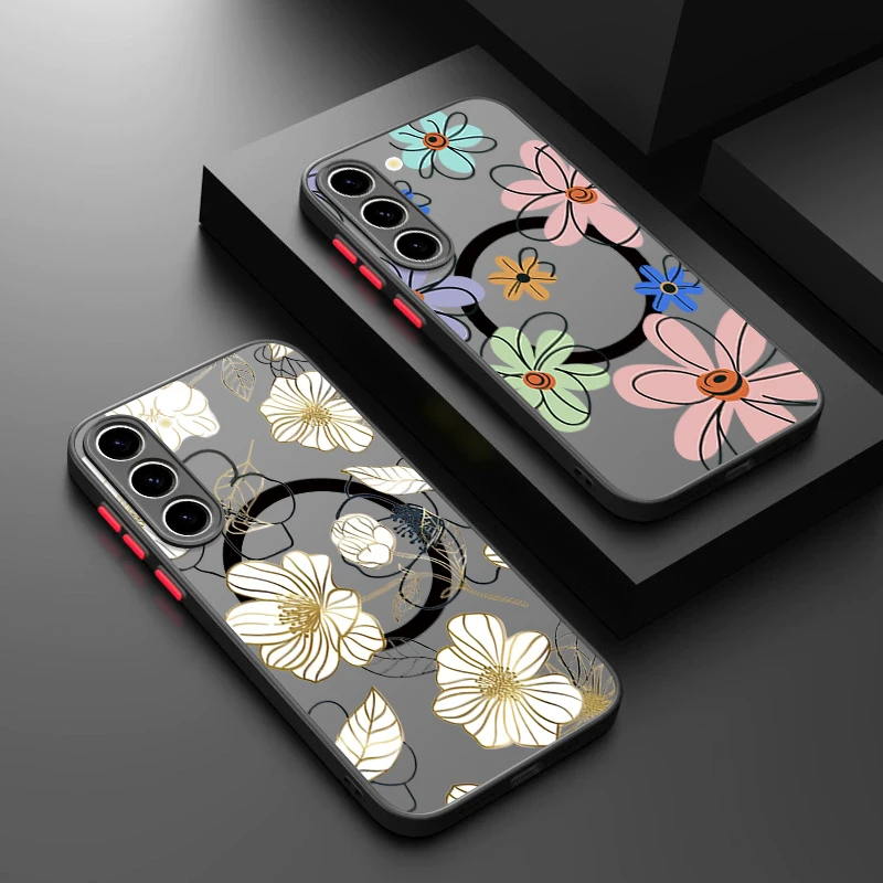 Magnetische Handyhülle mit Blumenmuster für Samsung Galaxy S26 S25 S24 S23 Ultra S25 S24 FE A17 A37 A56 A55 A36 A16 Acryl-Cover