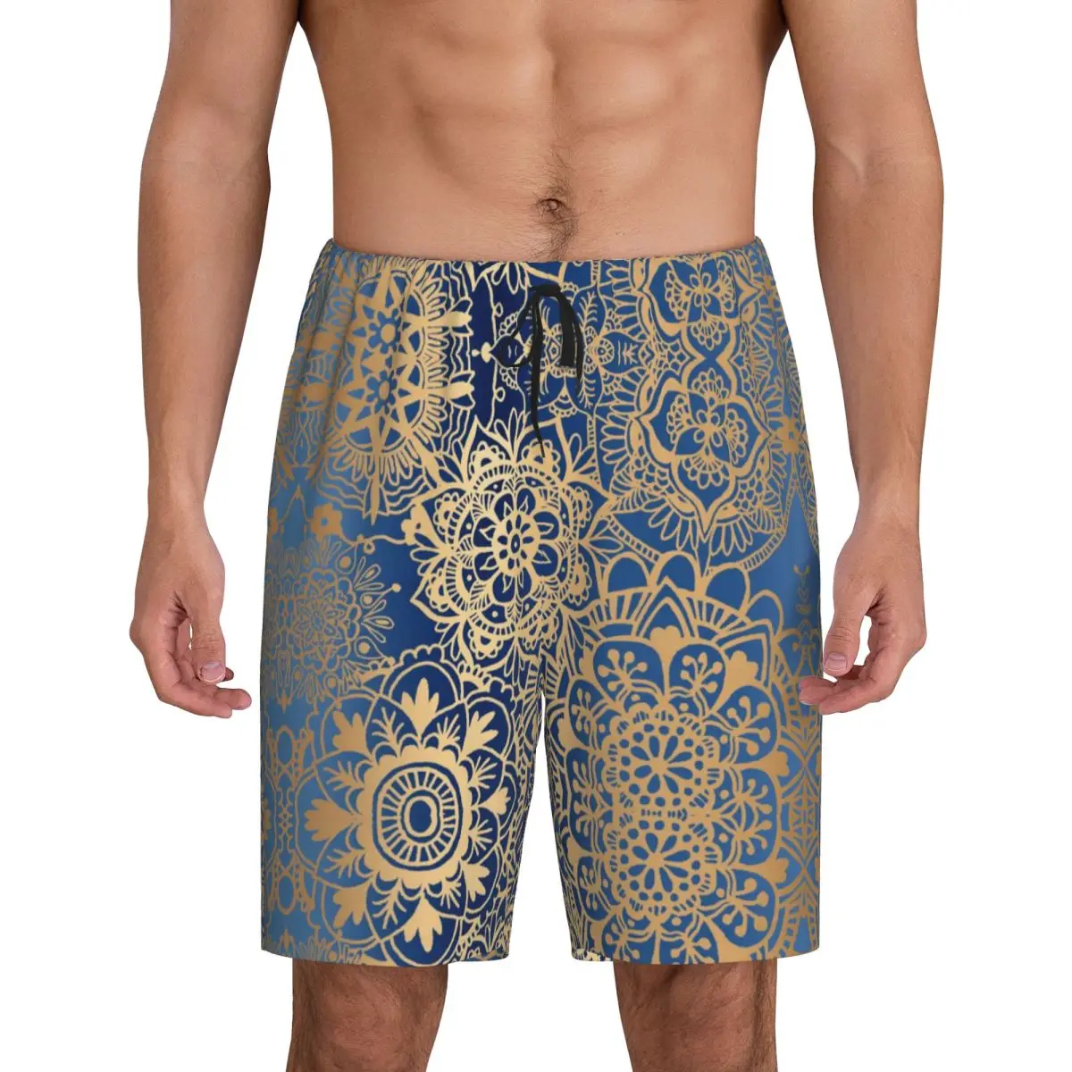 

Custom Blue Gold Mandala Pajama Bottoms Men's Buddhism Flower Lounge Sleep Shorts Stretch Sleepwear Pjs with Pockets