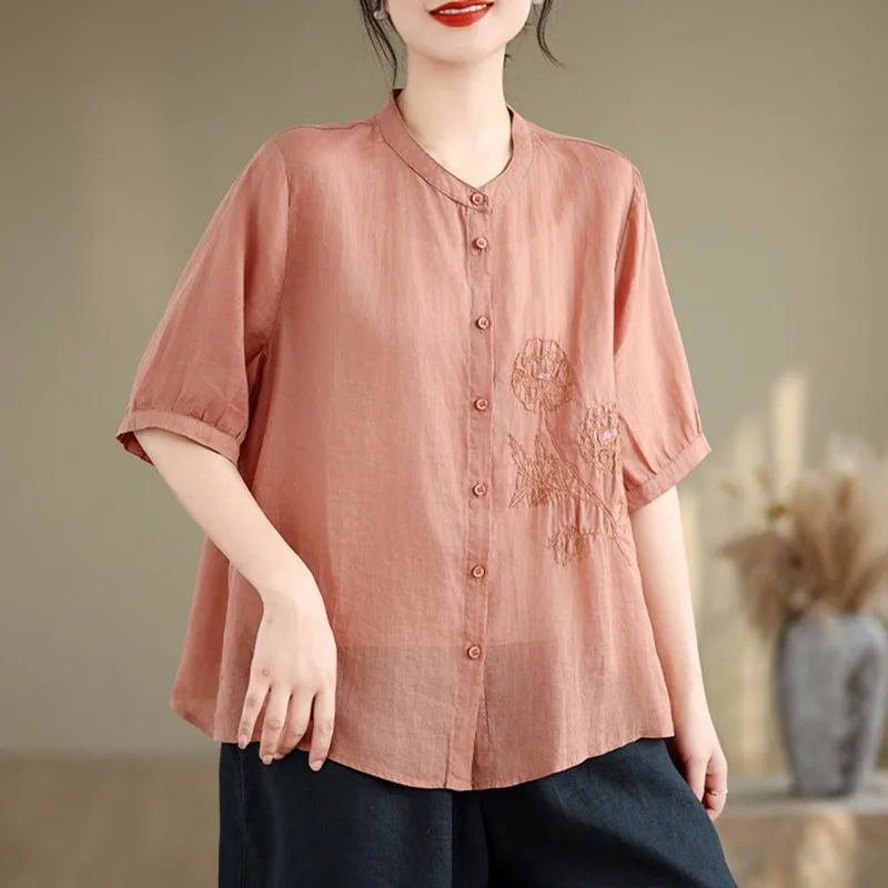 Women Casual Shirt New Arrival 2024 Summer Chinese Style Vintage Floral Embroidery Loose Female Half Sleeve Tops Shirts B3836