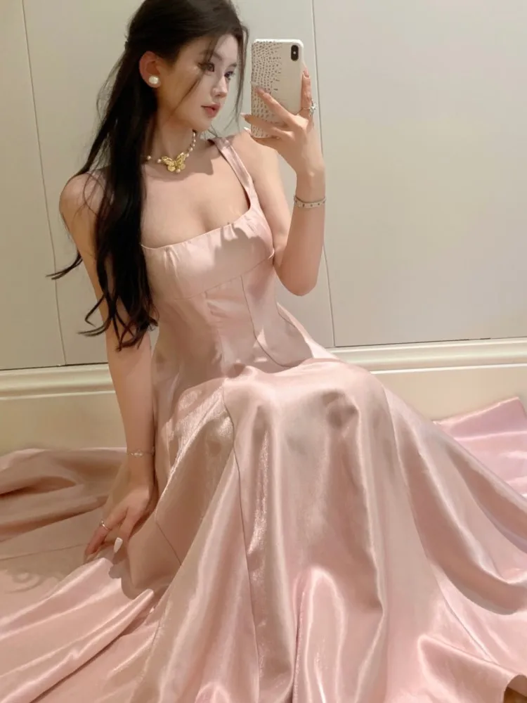 Elegant Satin Midi Dresses for Women Sleeveless High Waist Evening Party Dress A-line Prom Robe Korean Fashion Summer Vestidos