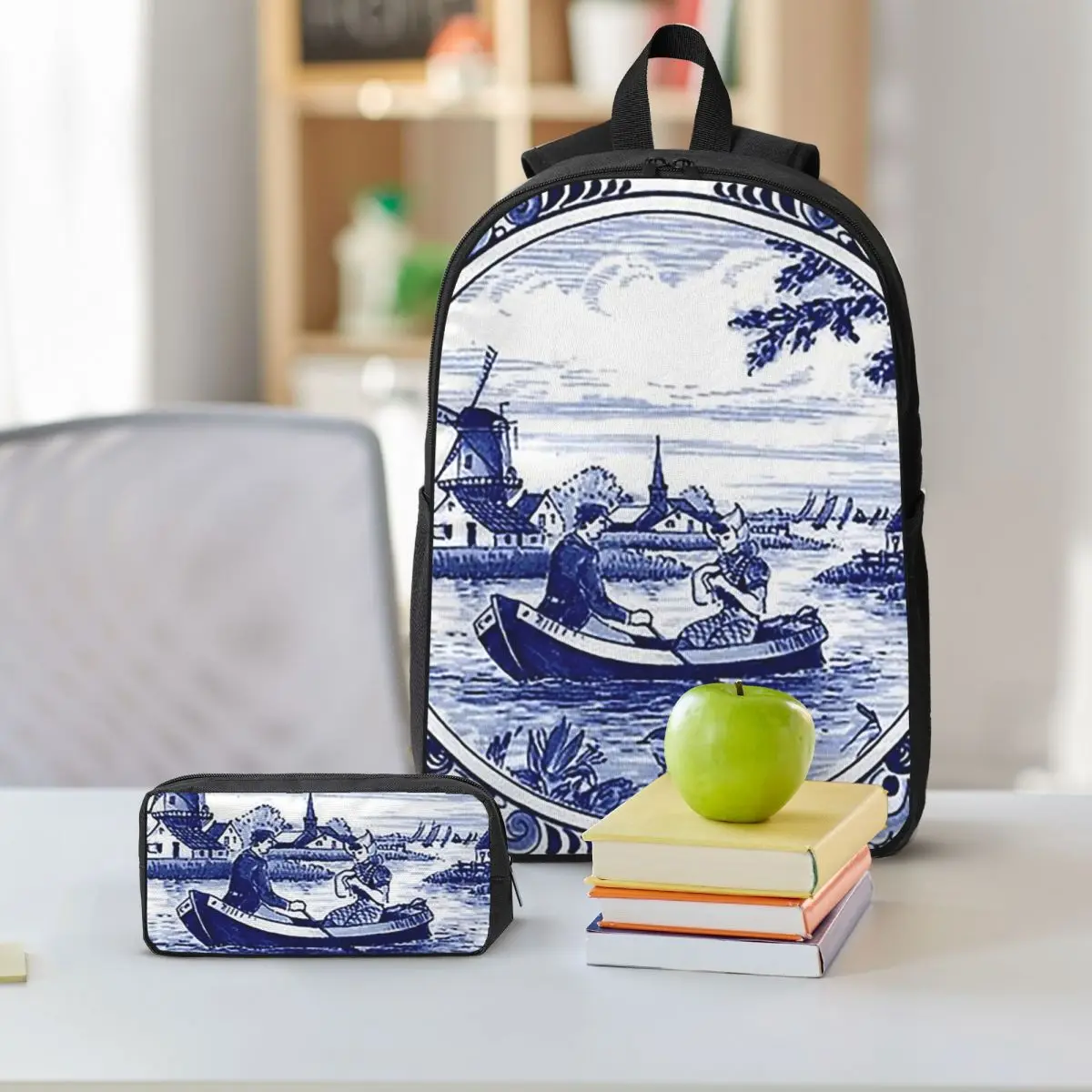 Dutch Blue Delft Windmill Church And Sailboats Backpack BookBag School Bag Shoulder Bags 3ps Insulated Lunch Bag Pencil Case