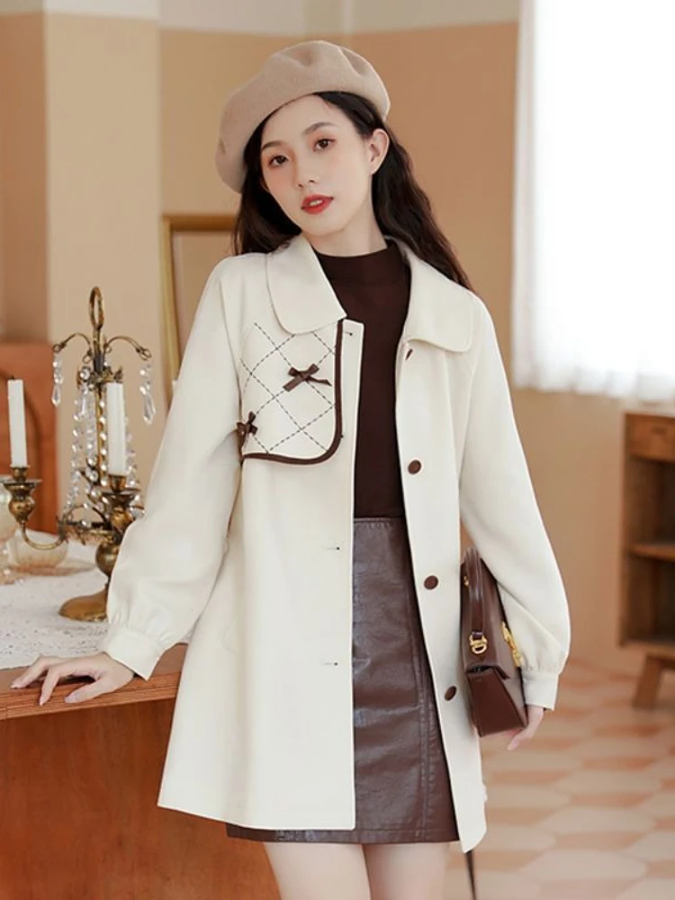 

Белый плащ для миниатюрных размеров, весна 2024, свободная ветровка средней длины с карманами, повседневная женская куртка в стиле ретро