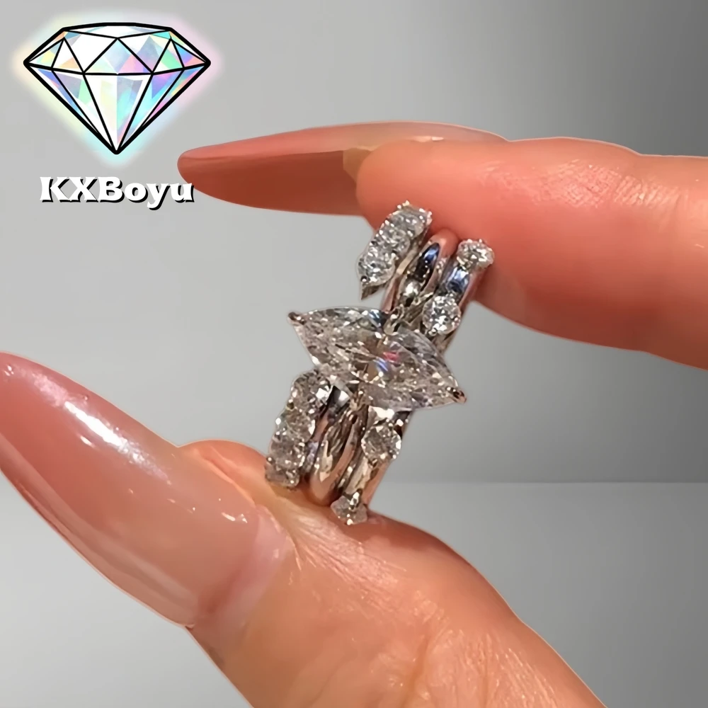 

Комплект из 3-х обручальных колец с муассанитом маркизной огранки 2 карата, из стерлингового серебра S925, с сертификатом, для женщин