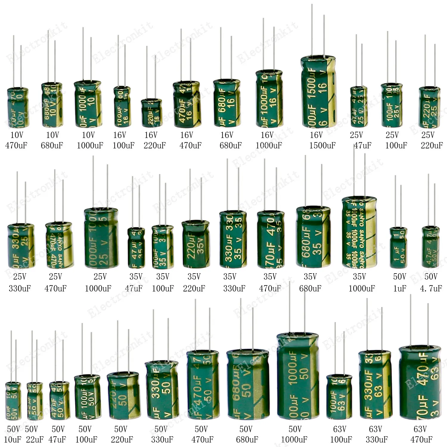 810Pcs 36Value Aluminum Electrolytic Capacitor set 10V-63V 1uF-1500uF Assorted Kit set Storage Box High Frequency Low ESR