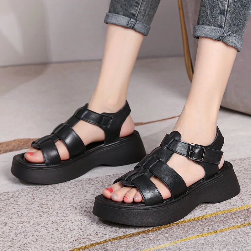 GKTINOO Summer Mixed Color Genuine Leather Sandals Roman Shoes Platform Wedges Woven Thick Soled Sandals Women Shoes Large Size