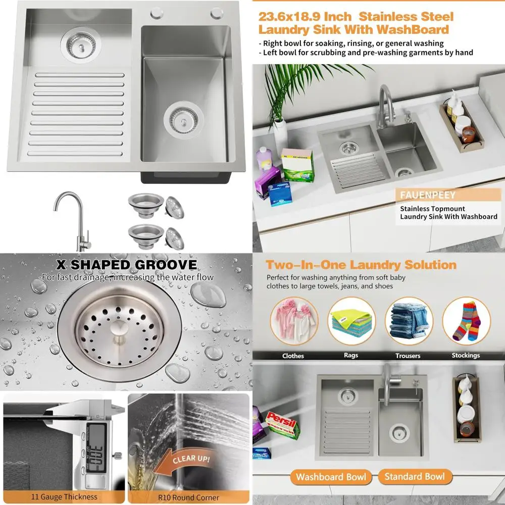

Double Bowl Stainless Steel Laundry Sink with Washboard, 23.6 x 18.9 Inch Topmount Drop-In, Includes Faucet and Drain for Effici