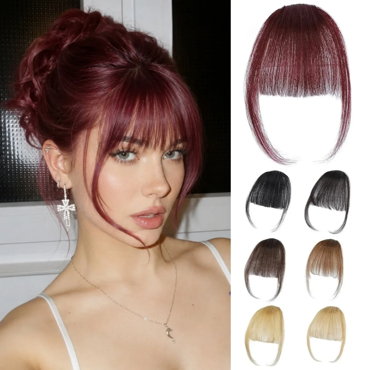 100% Human Hair Burgundy Red Bangs Clip in Fringe Hairpiece for Women Daily Wear Natural Look Hair Topper for Thinning Hair