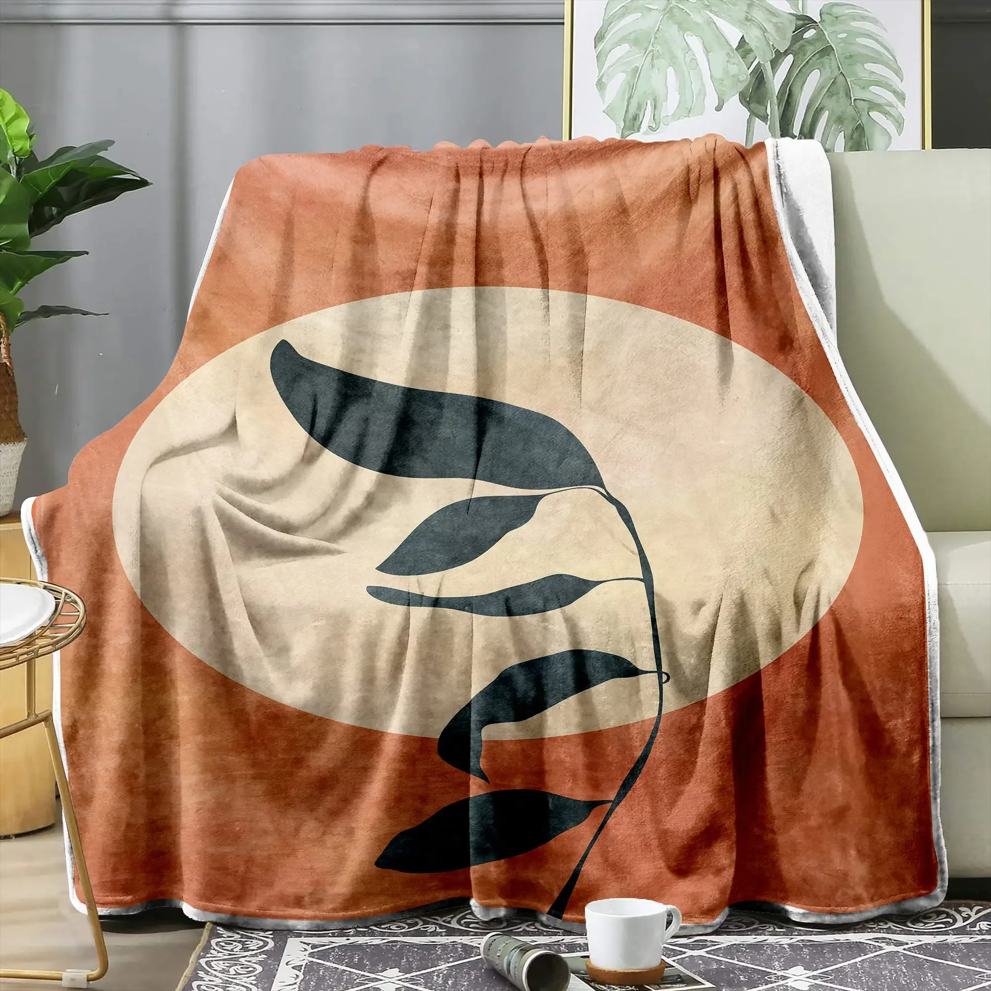 Mid Century Boho Sun and Leaves Blanket Flannel Throw Blanket,for Teens Adults on The Sofa,Car, Bed Nap Warm Comfortable Blanket