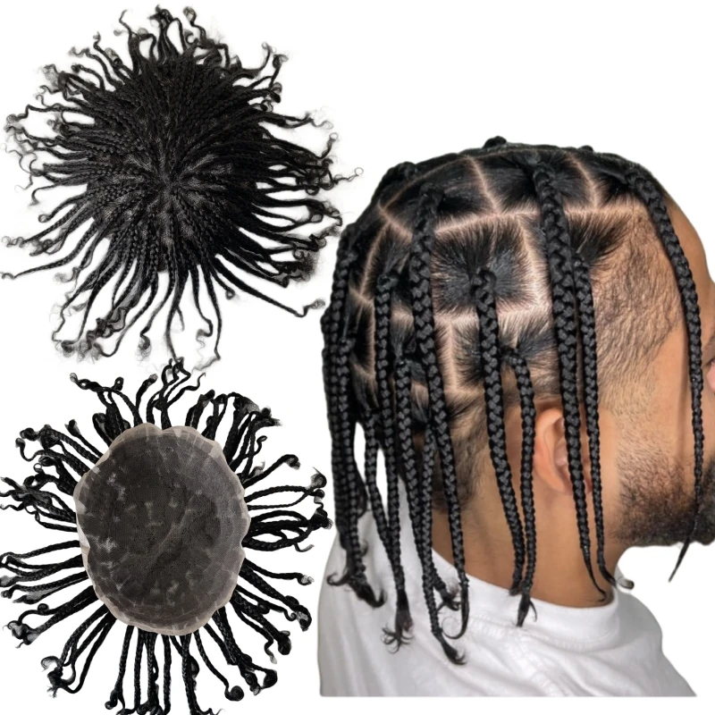 

Замена индийских натуральных человеческих волос 1 # Jet Black Box Braids Парик 8x10 Полный кружевной блок для чернокожих мужчин