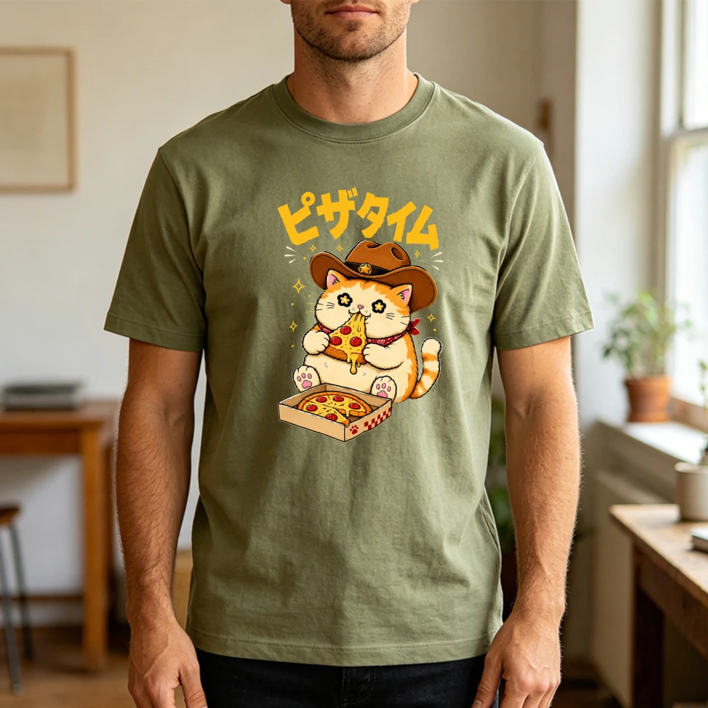 Camiseta con gráfico de kanji japonés de Cowboy Cat Pizza Time, camiseta de algodón de manga corta con diseño de gato tabby naranja occidental lindo comiendo pizza