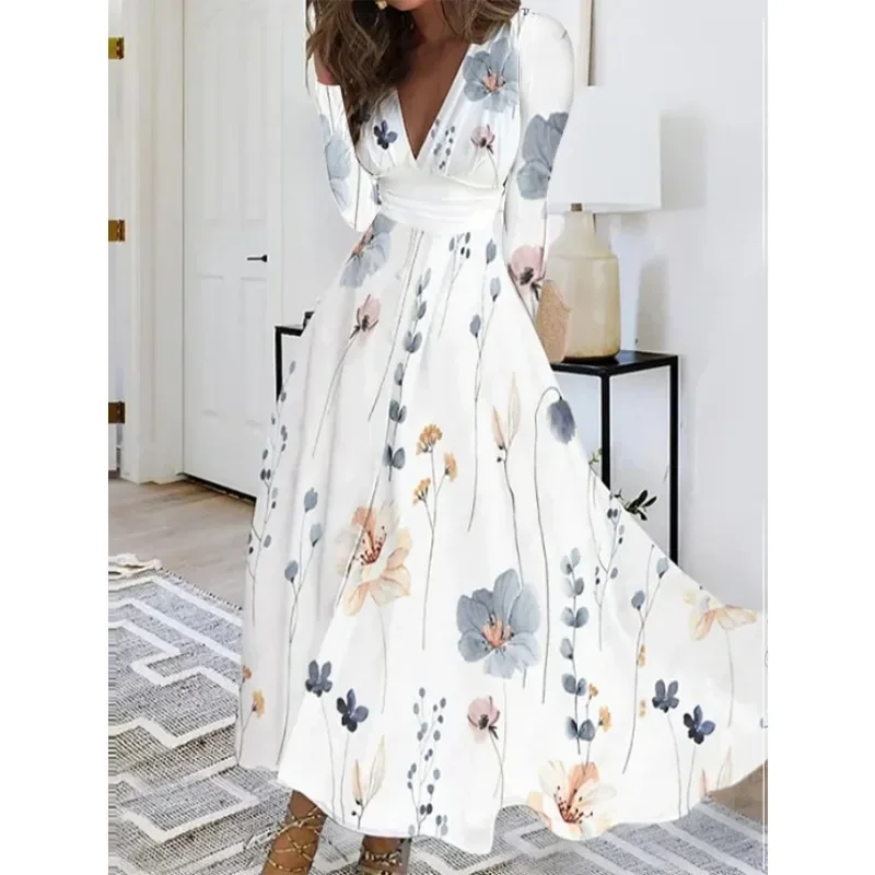 

Spring/Summer Commuter Women's Dress V-neck Long Sleeved Fashion Printed Waist Dress Leisure Vacation Elegant Women's Dress