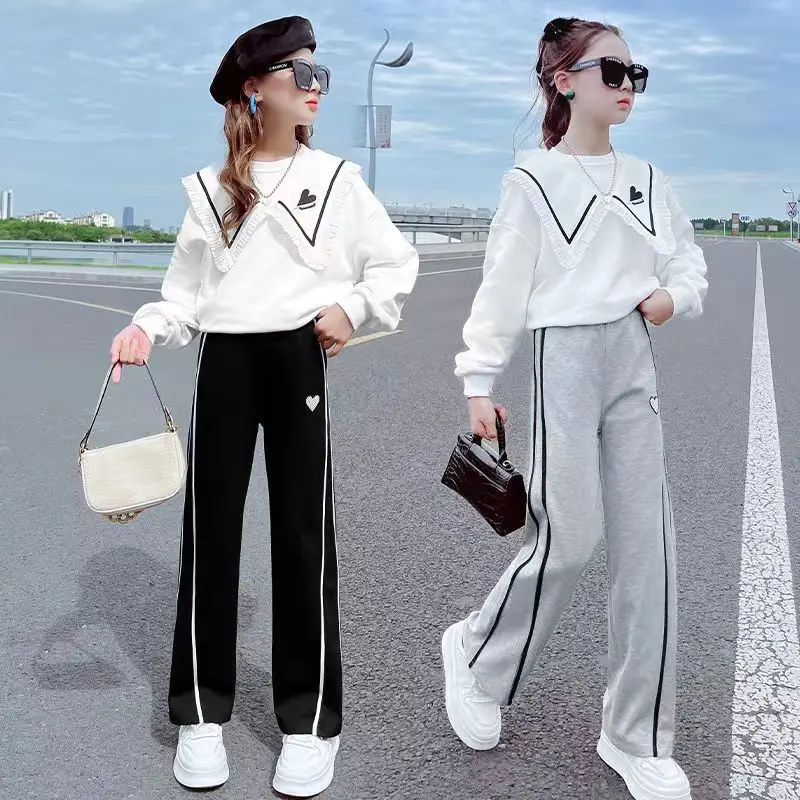 New Fashion Girls Clothing Sets Autumn Kids Long Sleeve T-shirts + Wide Leg Pants 2PCS Children\'s Clothes Teenage 6 8 10 12 15 Y