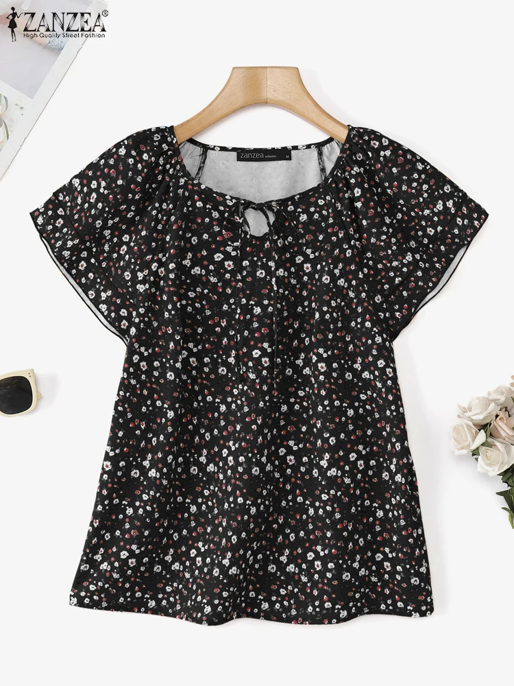 패션 프릴 반소매 탑 ZANZEA 여성 꽃 프린트 블라우스 홀리데이 레이스 업 튜닉 빈티지 2025 Summer Commuting Blusas
