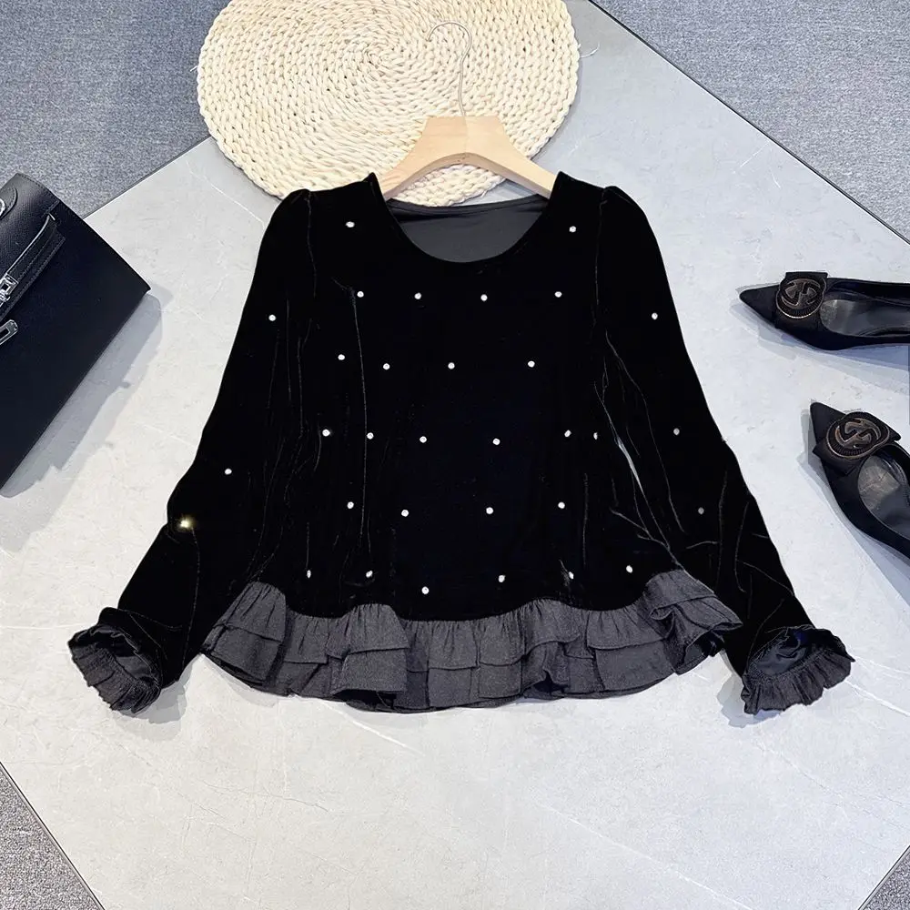 Velvet Rhinestone Ruffled Patchwork Top Slim Fishtail Skirt 2-Piece Set Women Outfit Luxury Long Sleeve Top High-Waisted Skirt