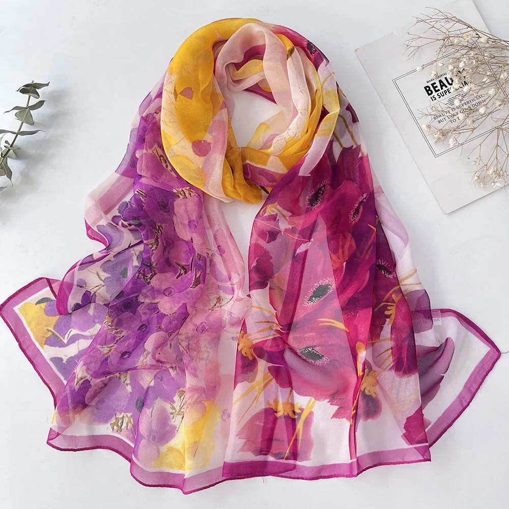 Bright Colors Printed Scarf Pretty Women Elegant Chiffon Georgette Bandana Scarf Summer Beach Sunscreen Thin Shawl