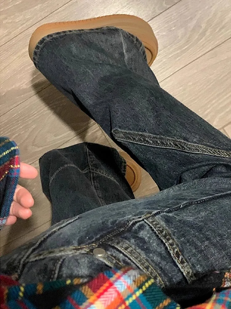 하이웨이스트 부츠컷 청바지 여성용 패치워크 콘크리트 그레이 아메리칸 스타일 청바지 데님 팬츠 부츠컷 청바지