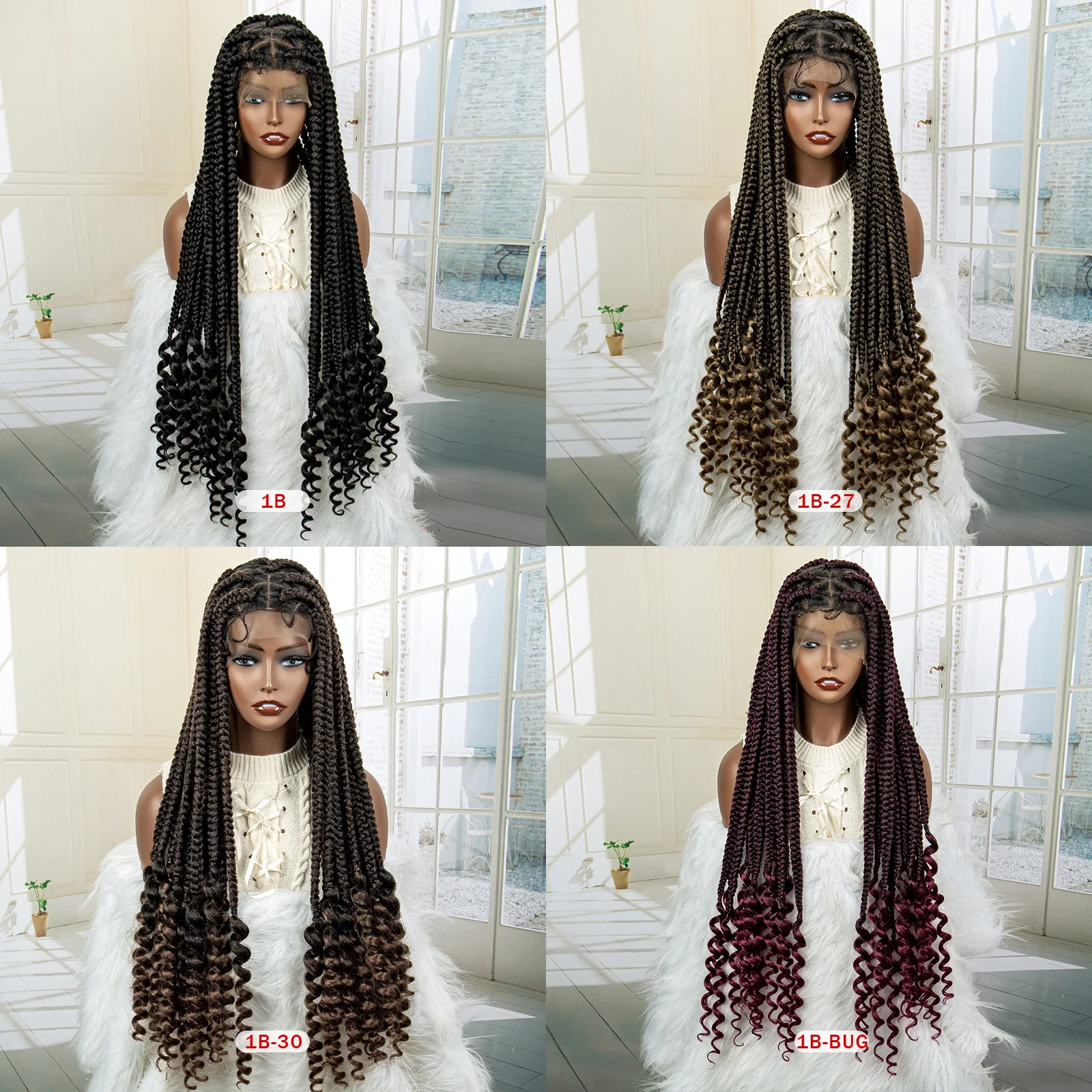 Perucas trançadas frontais de renda completa para mulheres, tranças de cornrow, fins encaracolados, uso diário, grande sem nós, onda encaracolada, 34 polegadas