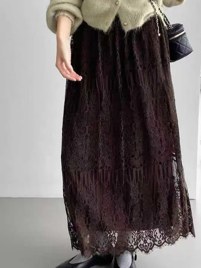 Cintura alta renda a linha midi saia feminina outono inverno dupla face usar me saia plissada francês sle solto ajuste casual