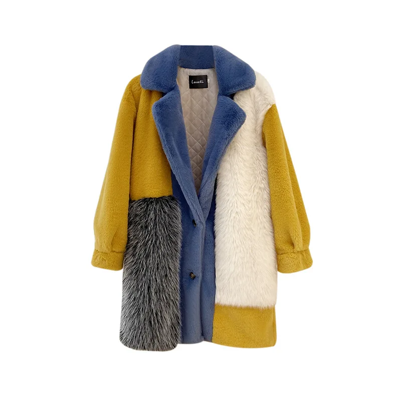 Fashion Trend Faux Fur Coat Winter Fur One Tuscan Fur Coat Contrasting Color Lapel Overcoat