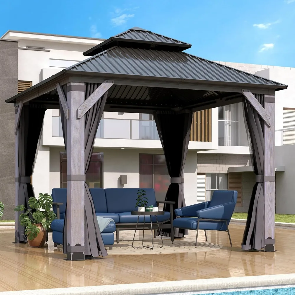 

8.5' x 8.5' Outdoor Wood Gazebo - Permanent Wooden Hardtop Gazebo Pavilion with Double Curtains, Galvanized Steel Roof Cedar Woo