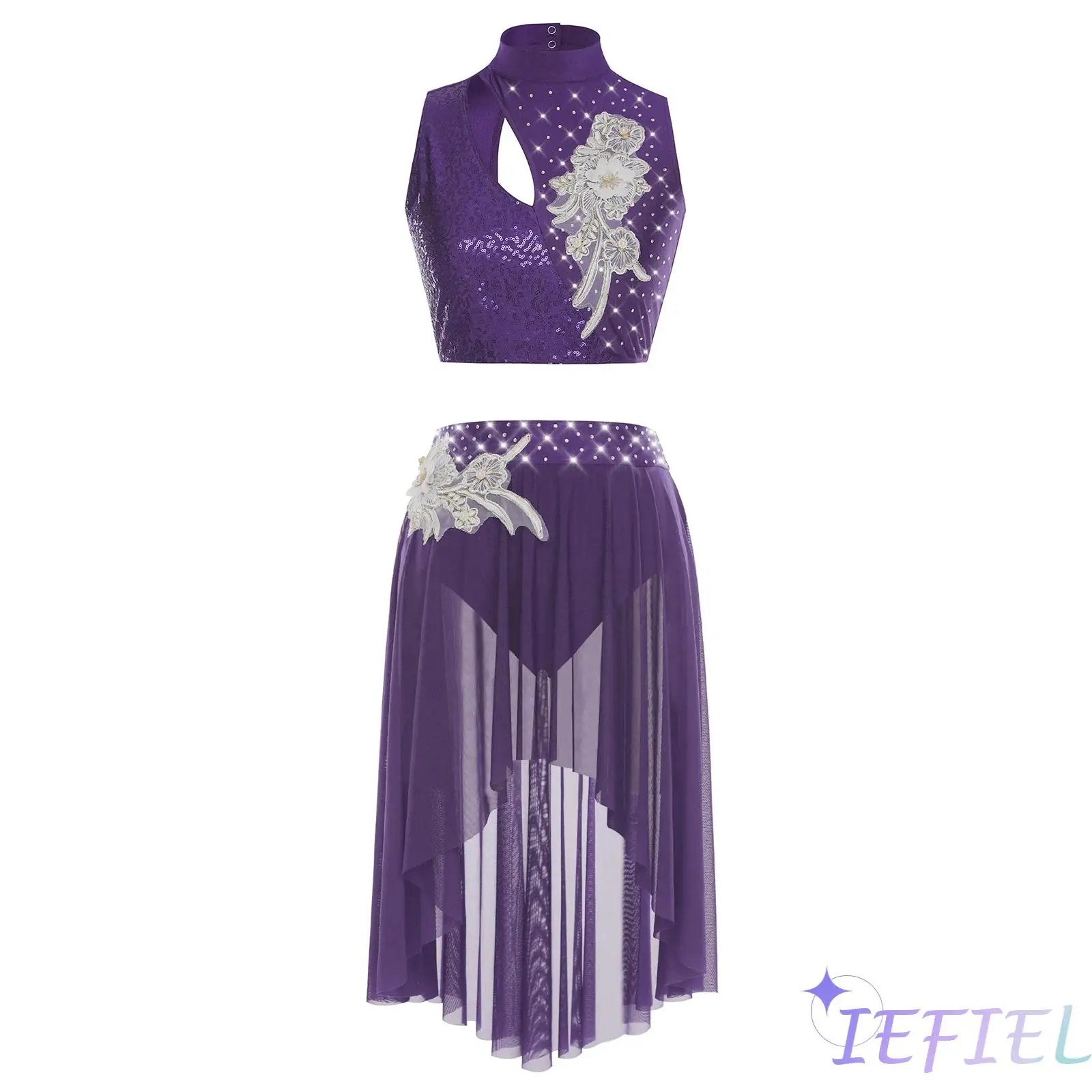 

Women Belly Dance Costume Sleeveless Hollow Out Crop Top with Skirt Embroidery with Applique Ballroom Prom Performance Dancewear