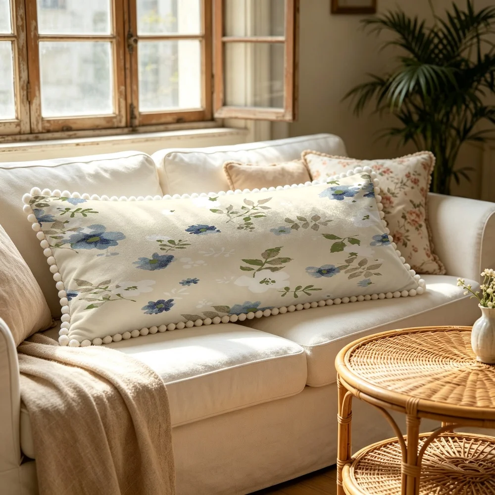 1PC Cream Background with Blue White Large Flowers and Green Leaves, Watercolor Fresh Vintage Floral Long Pillow Cover with Po