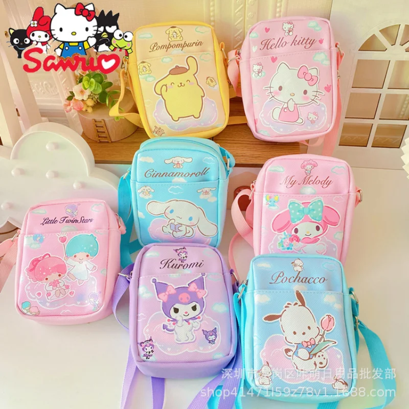 Sanrio Melody Kuromi Hello Kitty Cinnamoroll Pochacco-Bolsa de hombro cruzada para teléfono móvil, bolso de compras para auriculares, almacenamiento de dinero