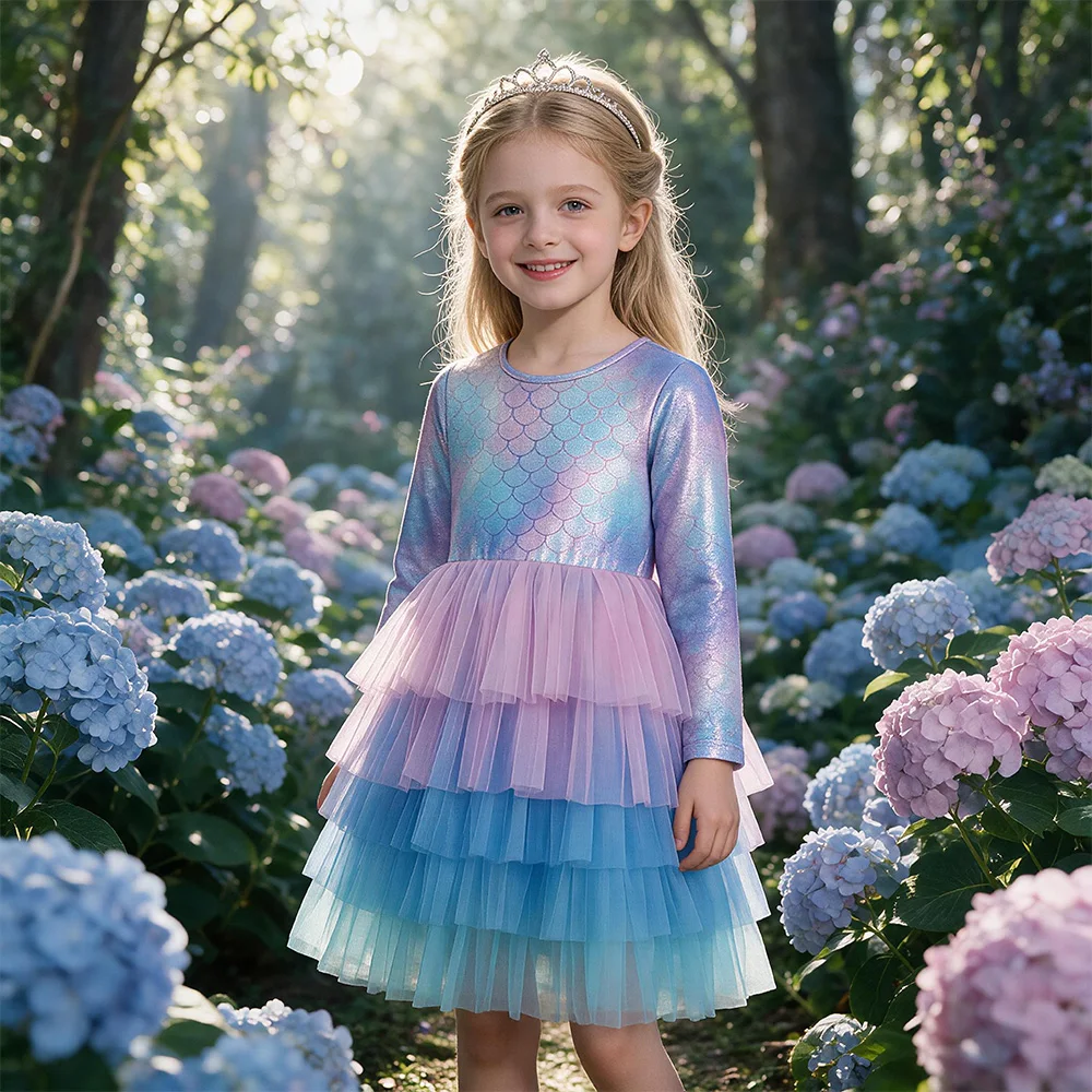 VIKITA Girl Sparkly Mermaid Sequins Tutu Dress Kids Long Sleeve Ombre Gradient Purple Blue Tulle Layered Princess Party Costumes